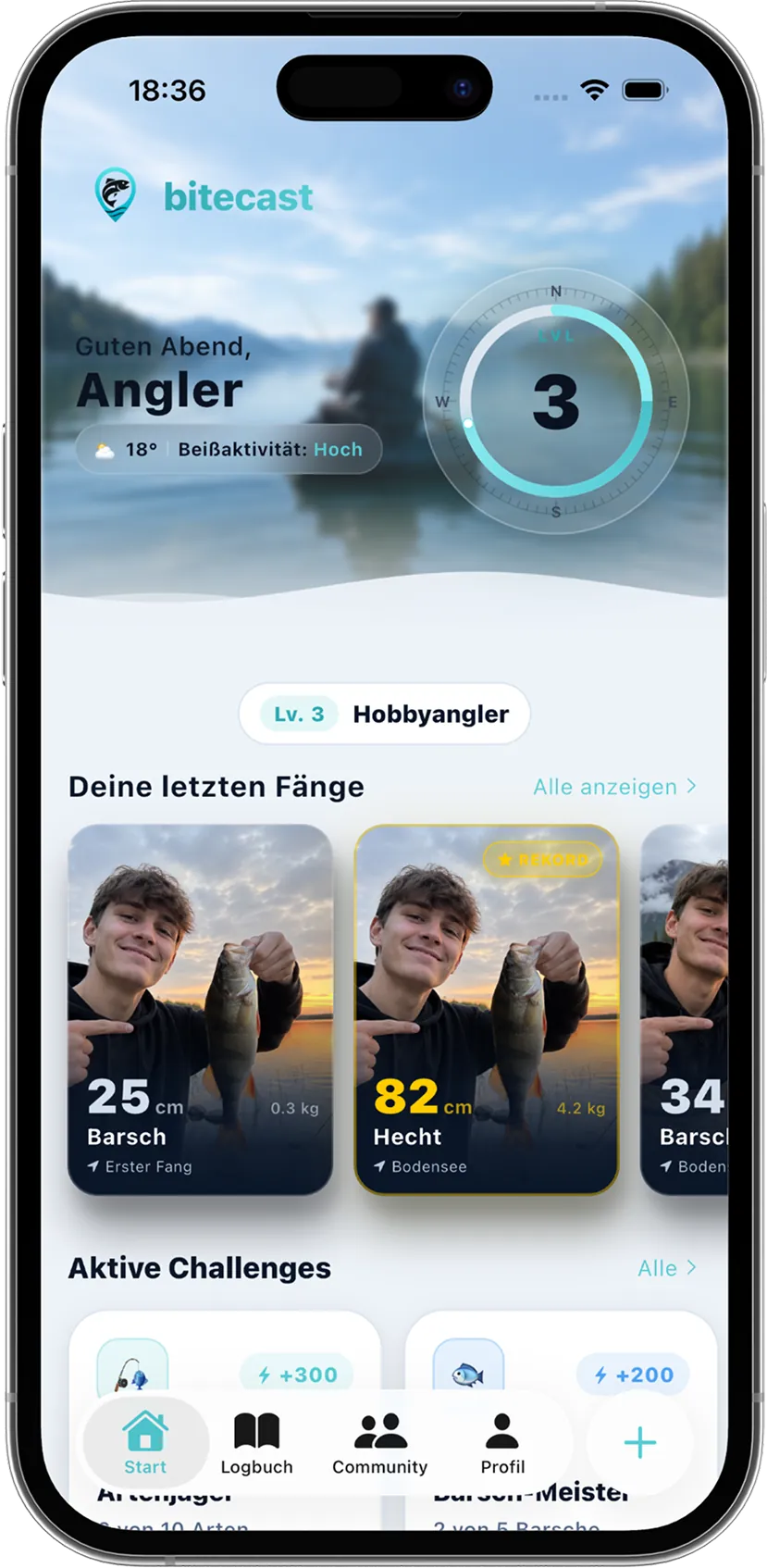 BiteCast Angel App mit Fischtracker, Fangbuch und Beißaktivität auf einem iPhone